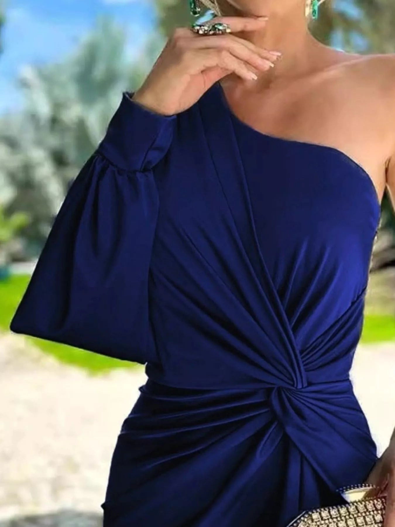 Full Size One-Shoulder Knot Detail Slit Maxi Dress Plus Size