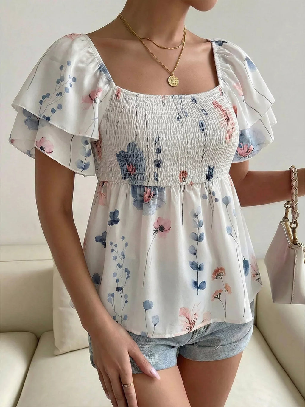Smocked Square Neck Flutter Sleeve Blouse