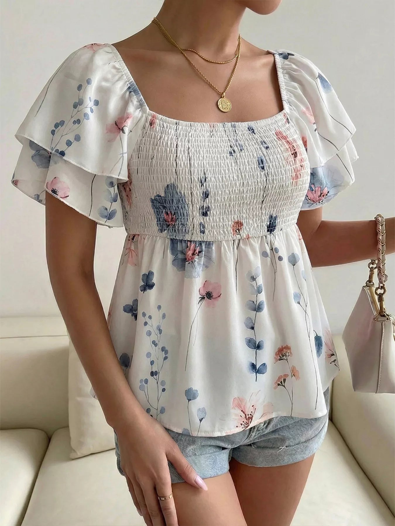 Smocked Square Neck Flutter Sleeve Blouse