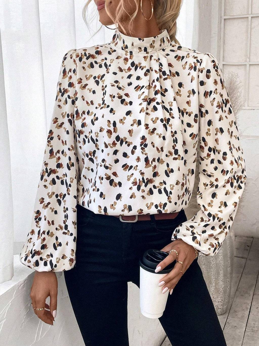 Leopard Print Mock Neck Blouse