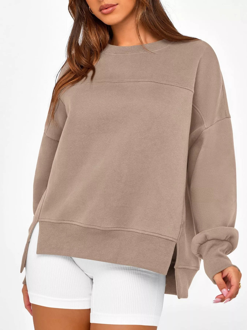 Slit Round Neck Dropped Shoulder Sweatshirt