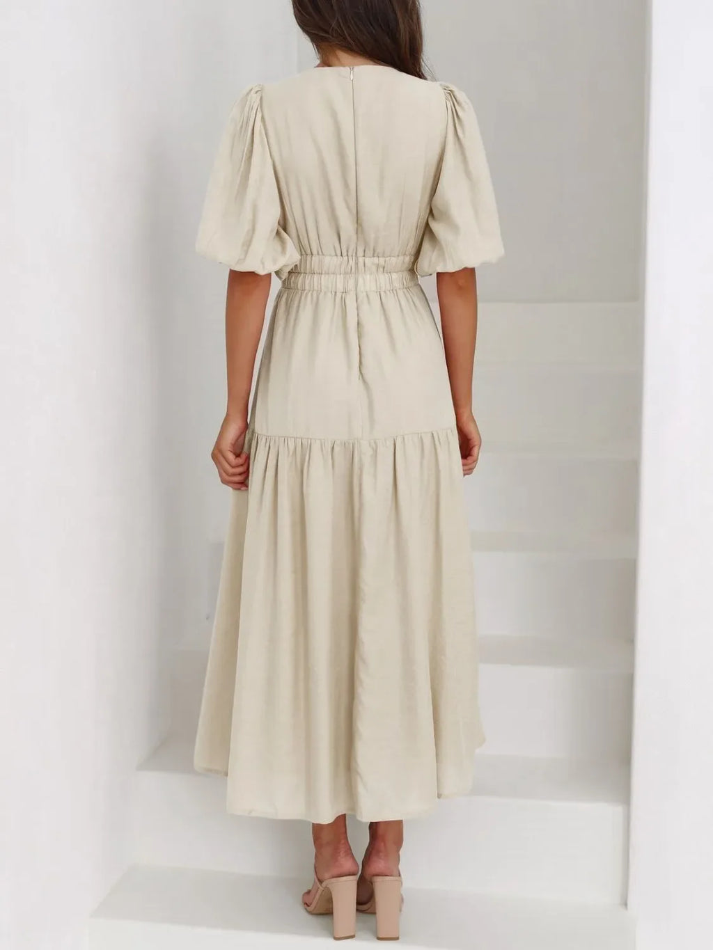 V-Neck Puff Sleeve Midi Dress