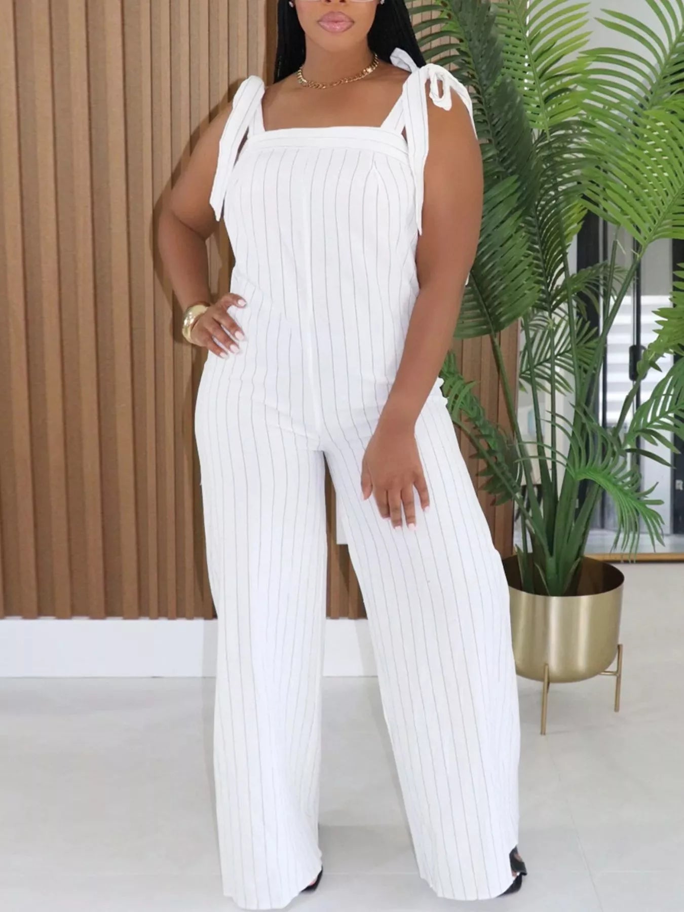 Striped Tie-Shoulder Wide Leg Jumpsuit