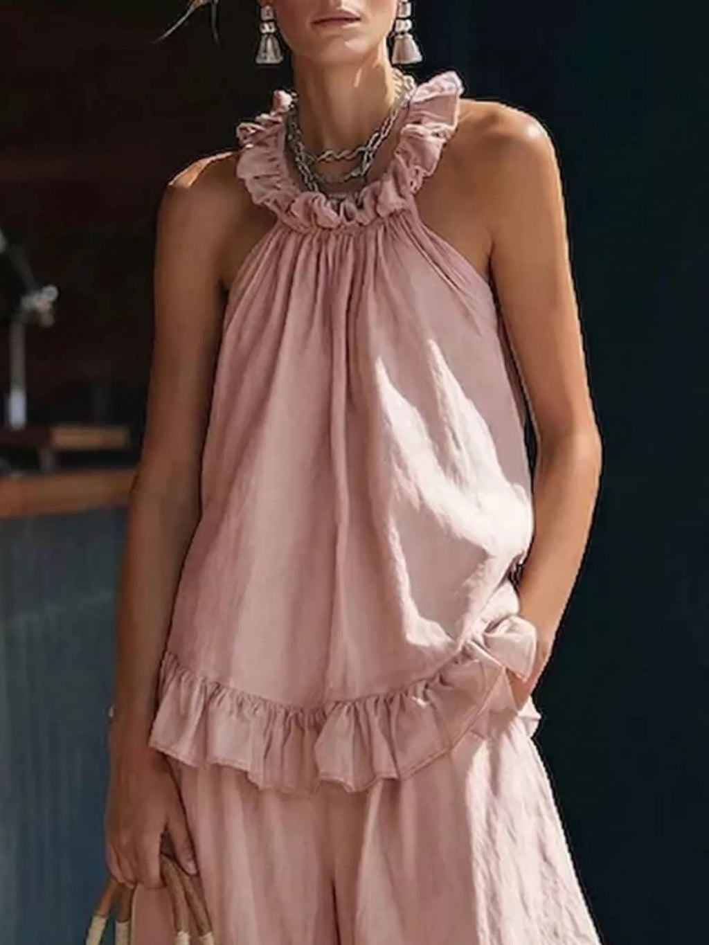 Full Size Ruffled Halter Neck Top and Wide-Leg Pants Set Plus Size