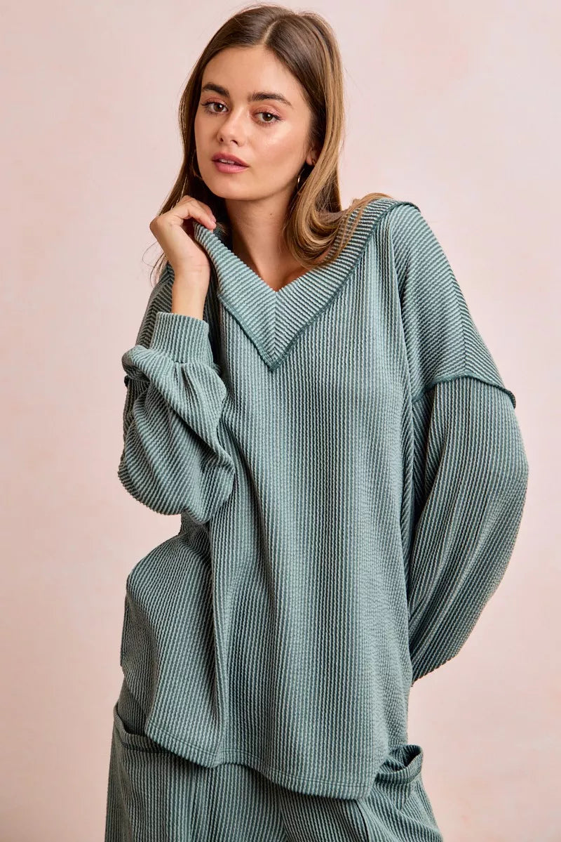 BiBi Two Tone Cord Rib Contrast Stitching V-Neck Top and Pants Set