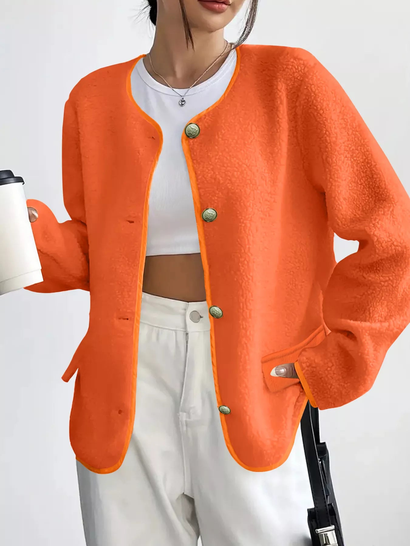 Full Size Textured Button-Up Fleece Outerwear Plus Size