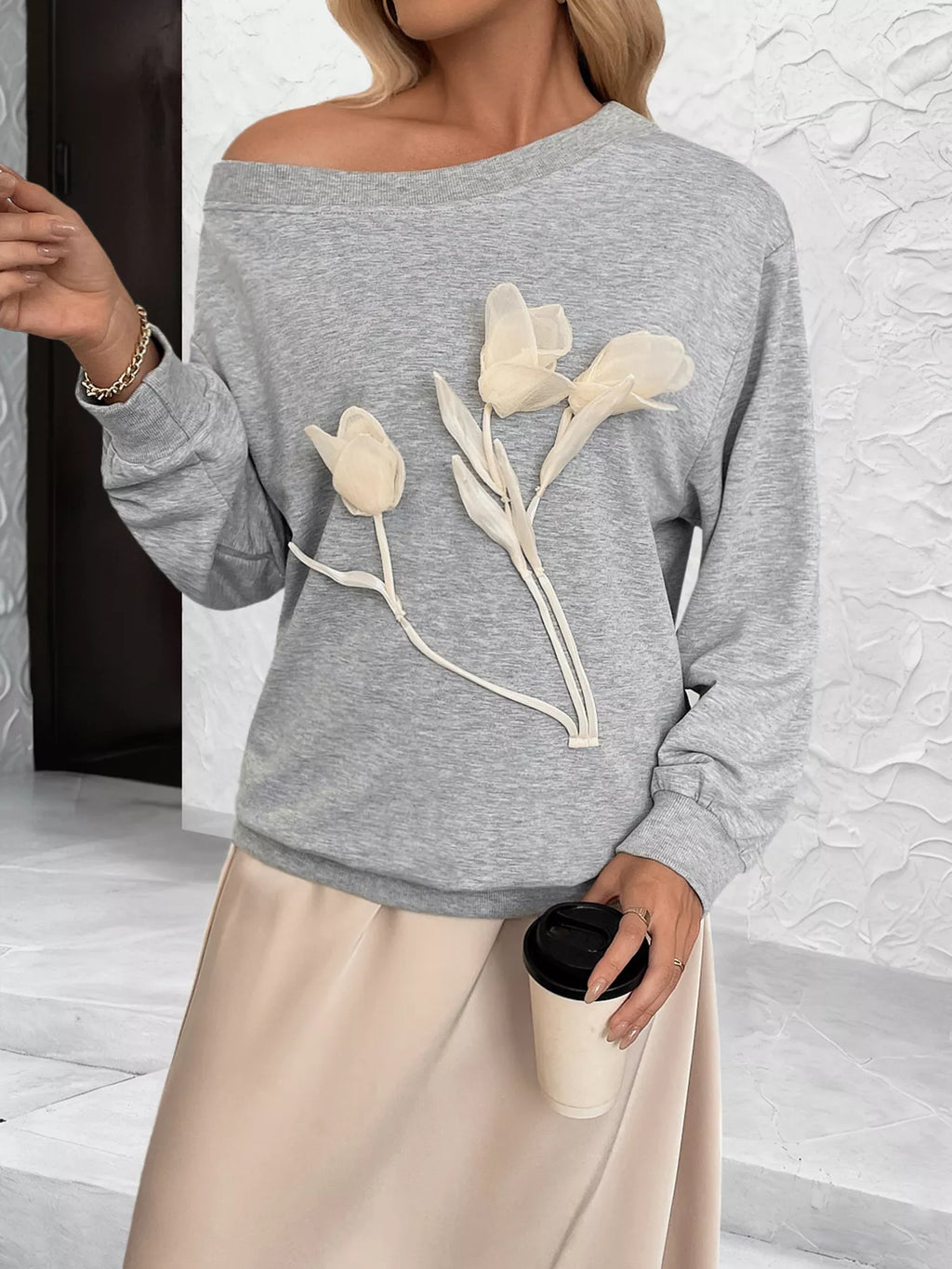 Floral Applique Boat Neck Sweatshirt