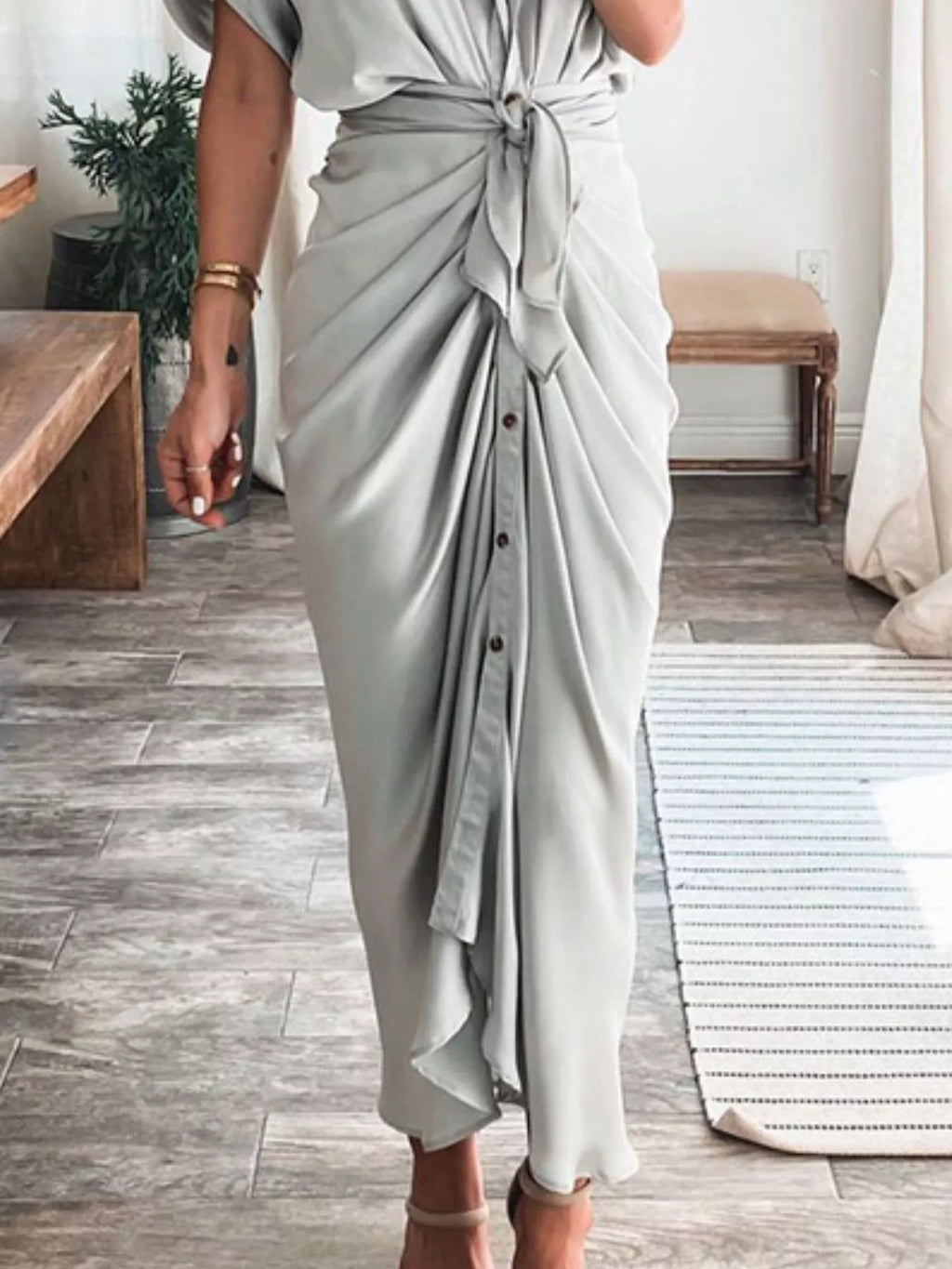 Tie-Waist Button-Down Midi Dress