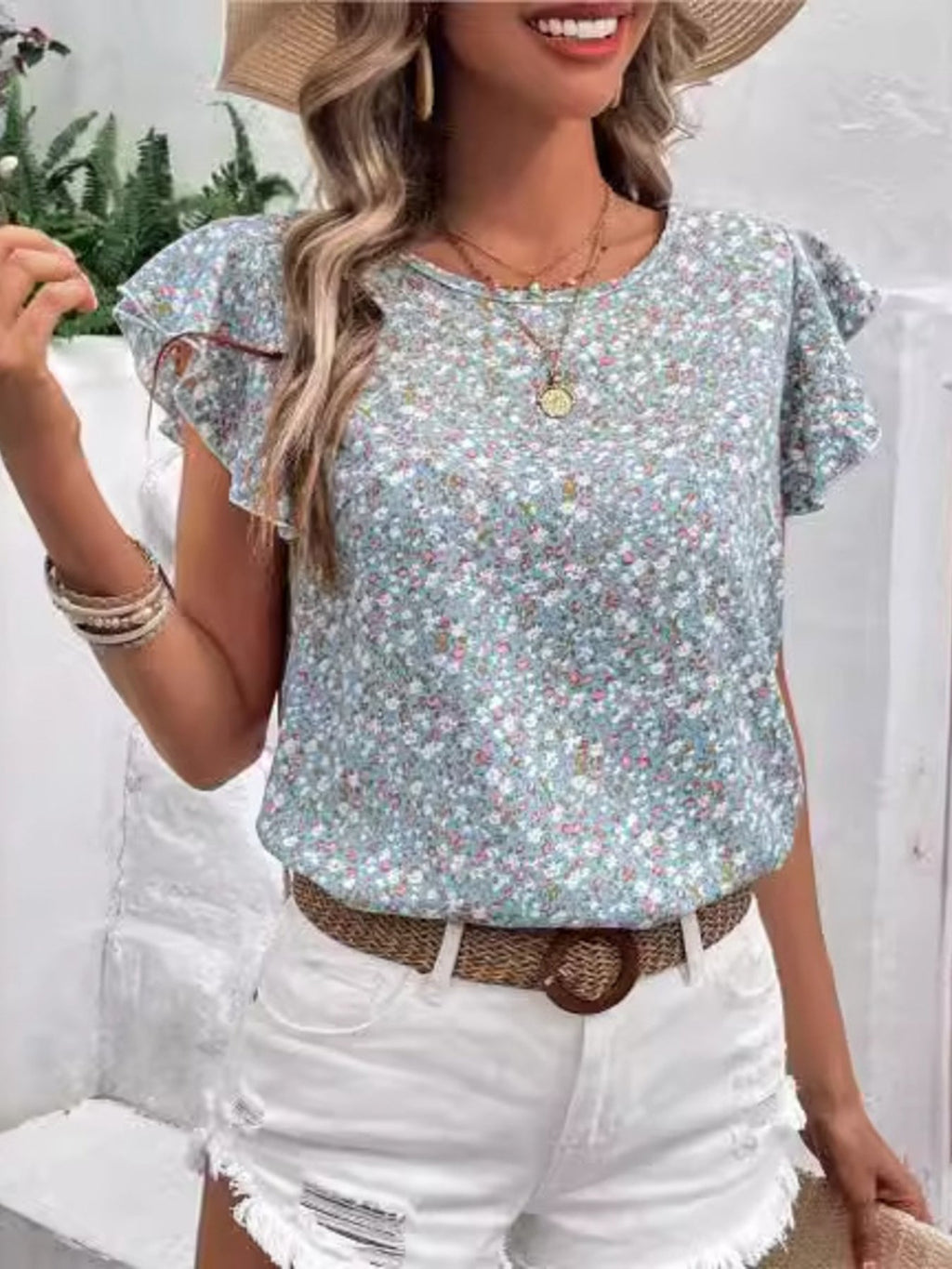 Floral Print Ruffle Sleeve Blouse