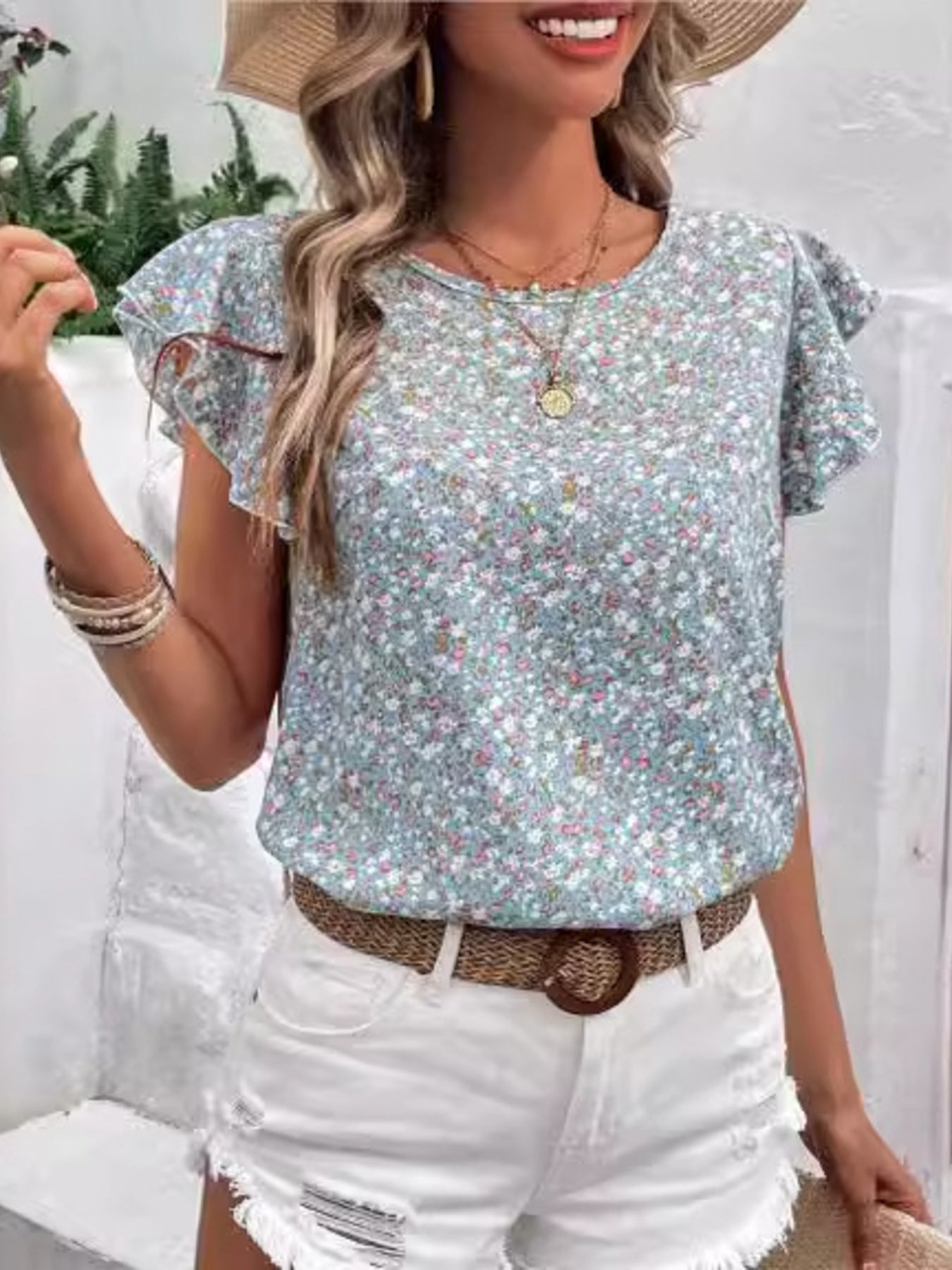 Floral Print Ruffle Sleeve Blouse