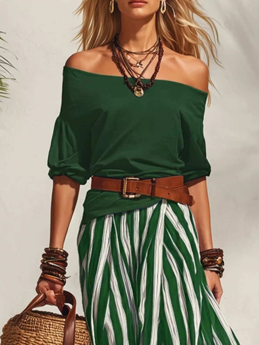 Off Shoulder Top and Striped Maxi Skirt Set