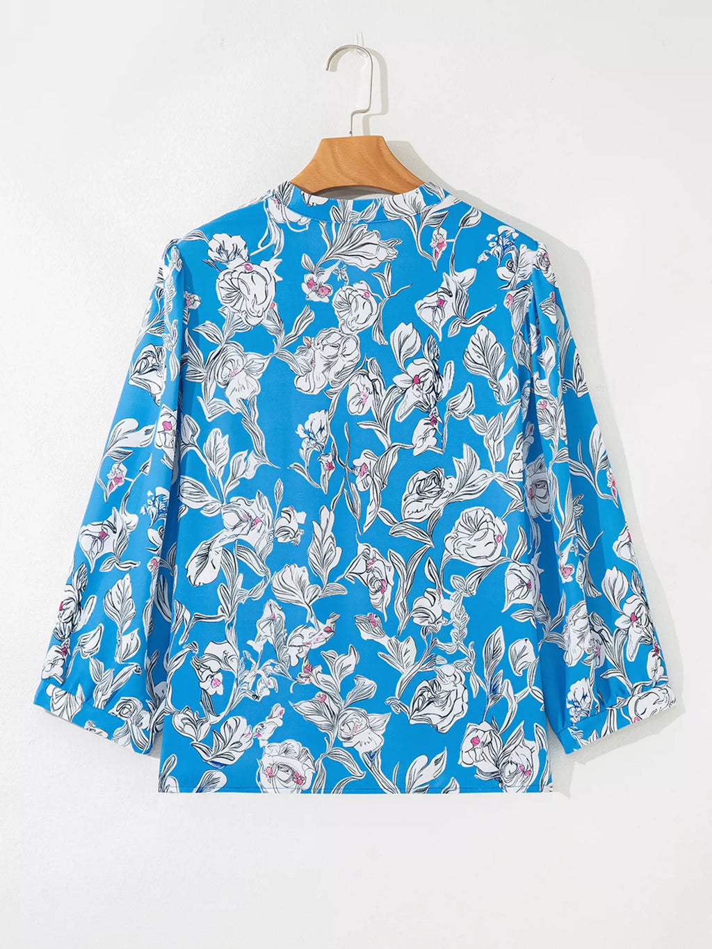 Notched Floral Print 3/4 Puff Sleeve Blouse