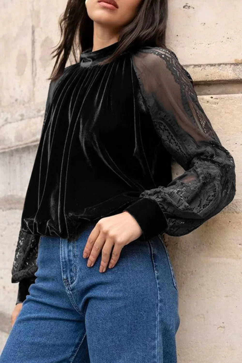 Solid Color Sheer Lace Long Sleeve Patchwork Stand Neck Velvet Blouse