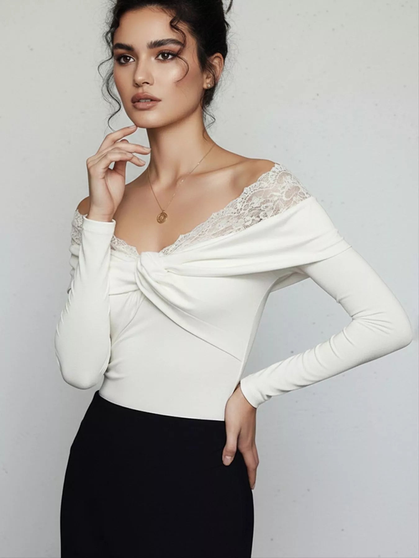 Lace Detail Off-Shoulder Long Sleeve Bodysuit