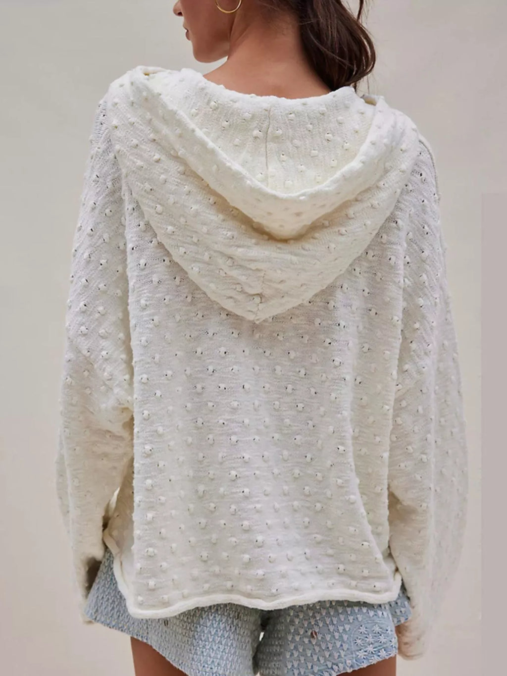 Textured Dot Knit Long Sleeve Hooded Sweater