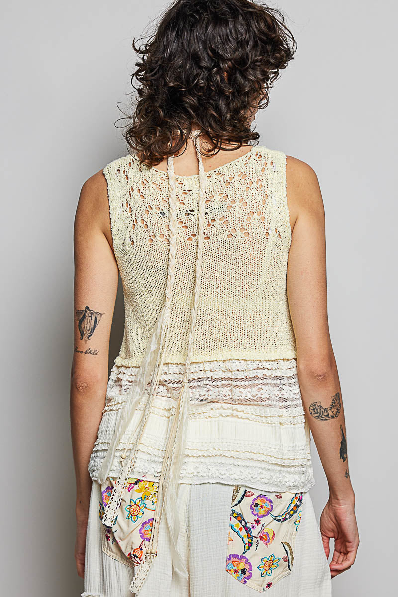 POL V-Neck Crochet Sweater Vest with Lace Trim