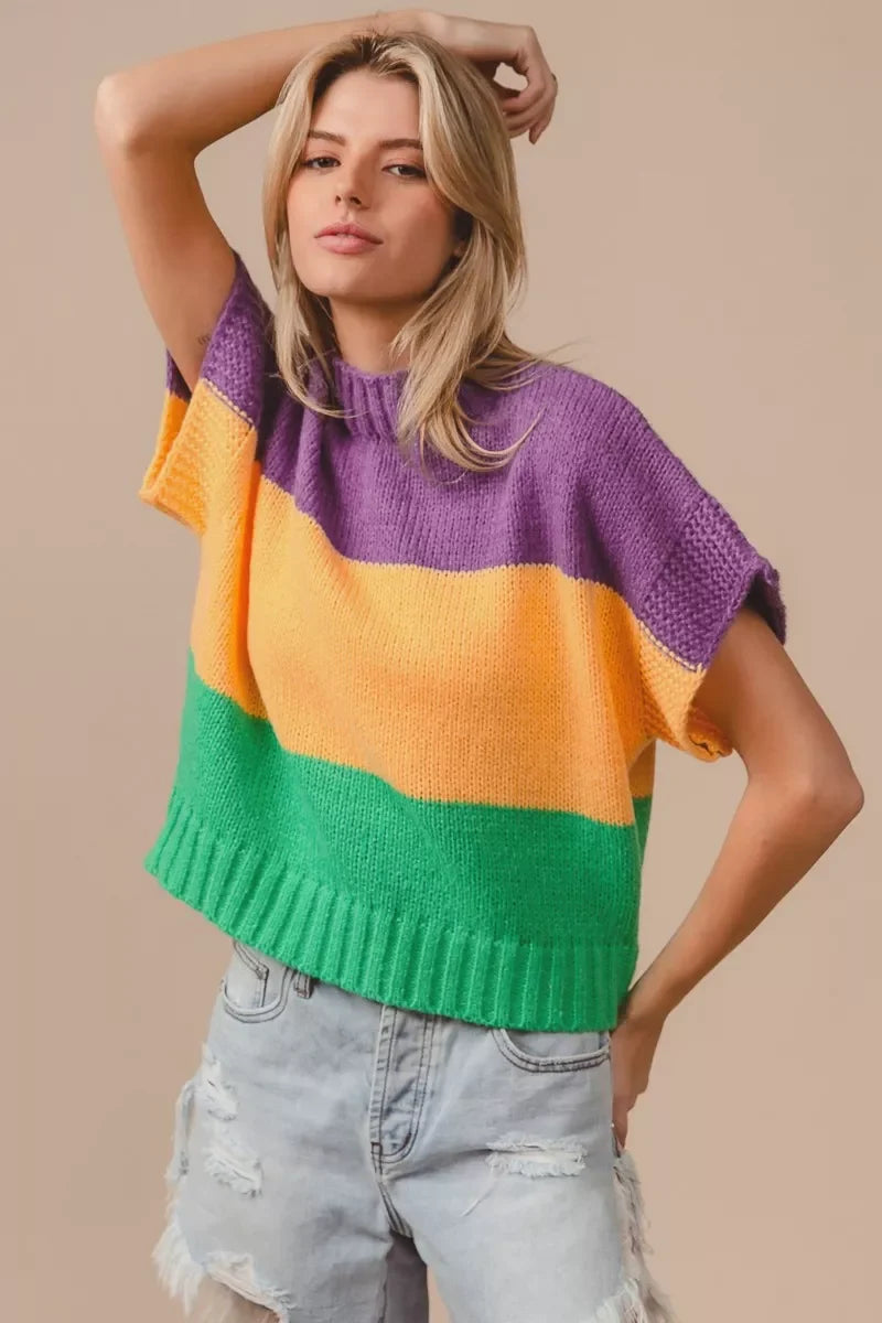 BiBi Mardi Gras Color Block Drop Shoulder Sweater Top