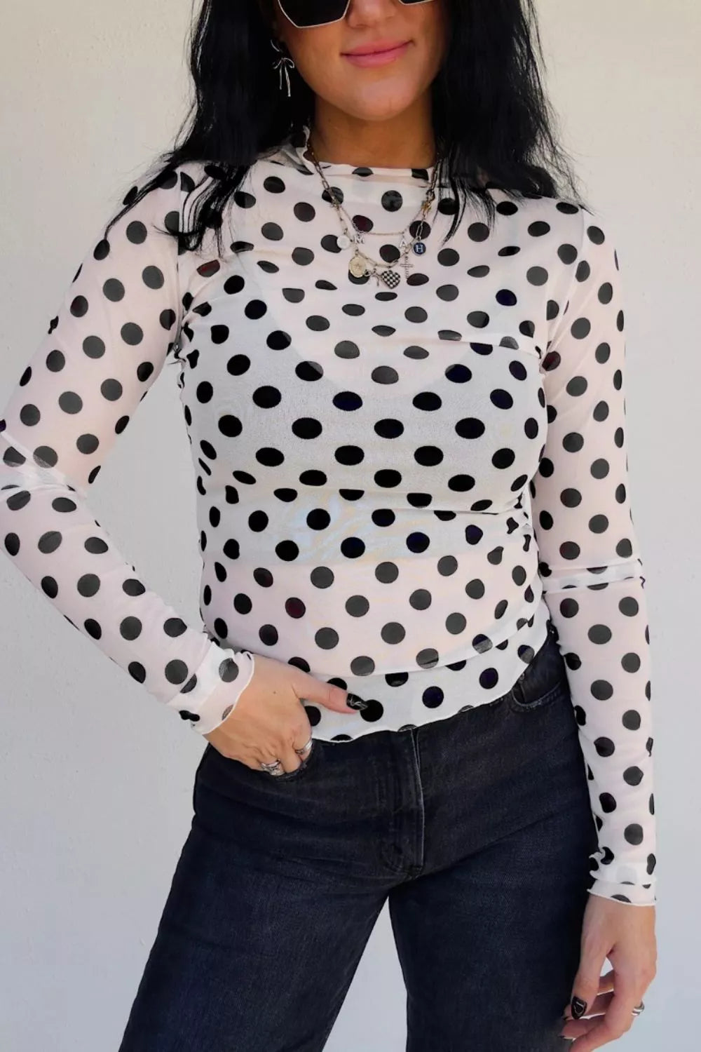 Polka Dot Mesh Long Sleeve Stand Neck Sheath Top