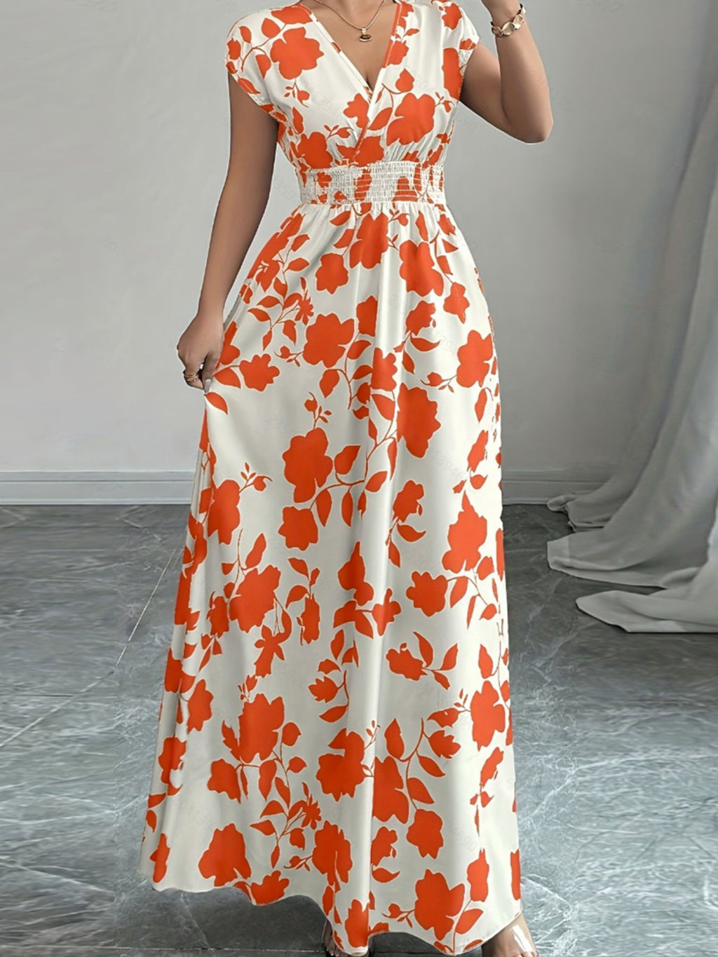 Printed Surplice Cap Sleeve Maxi Dress
