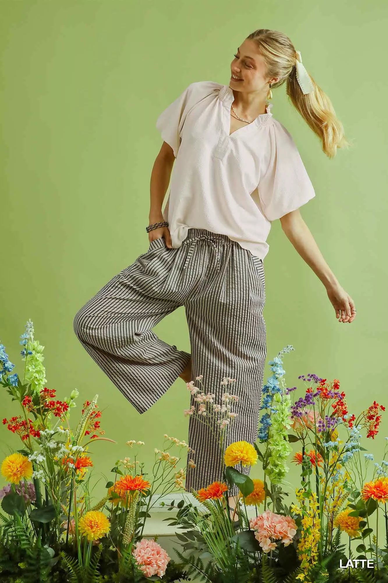 Umgee Drawstring Striped Wide-Leg Pants