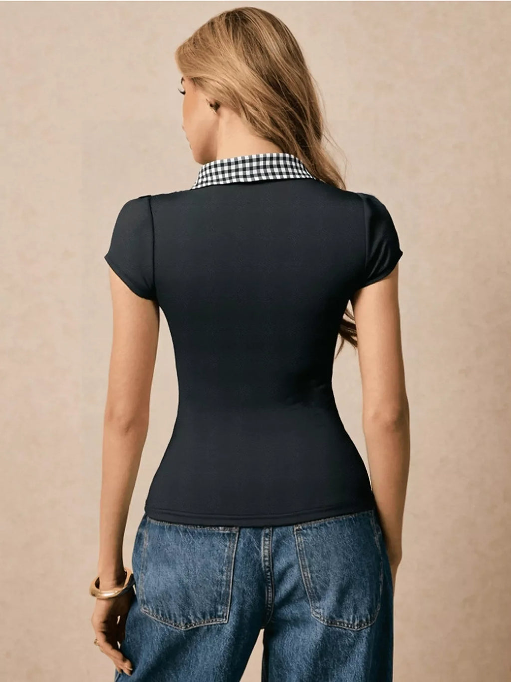 Gingham Collar Slim Fit Blouse