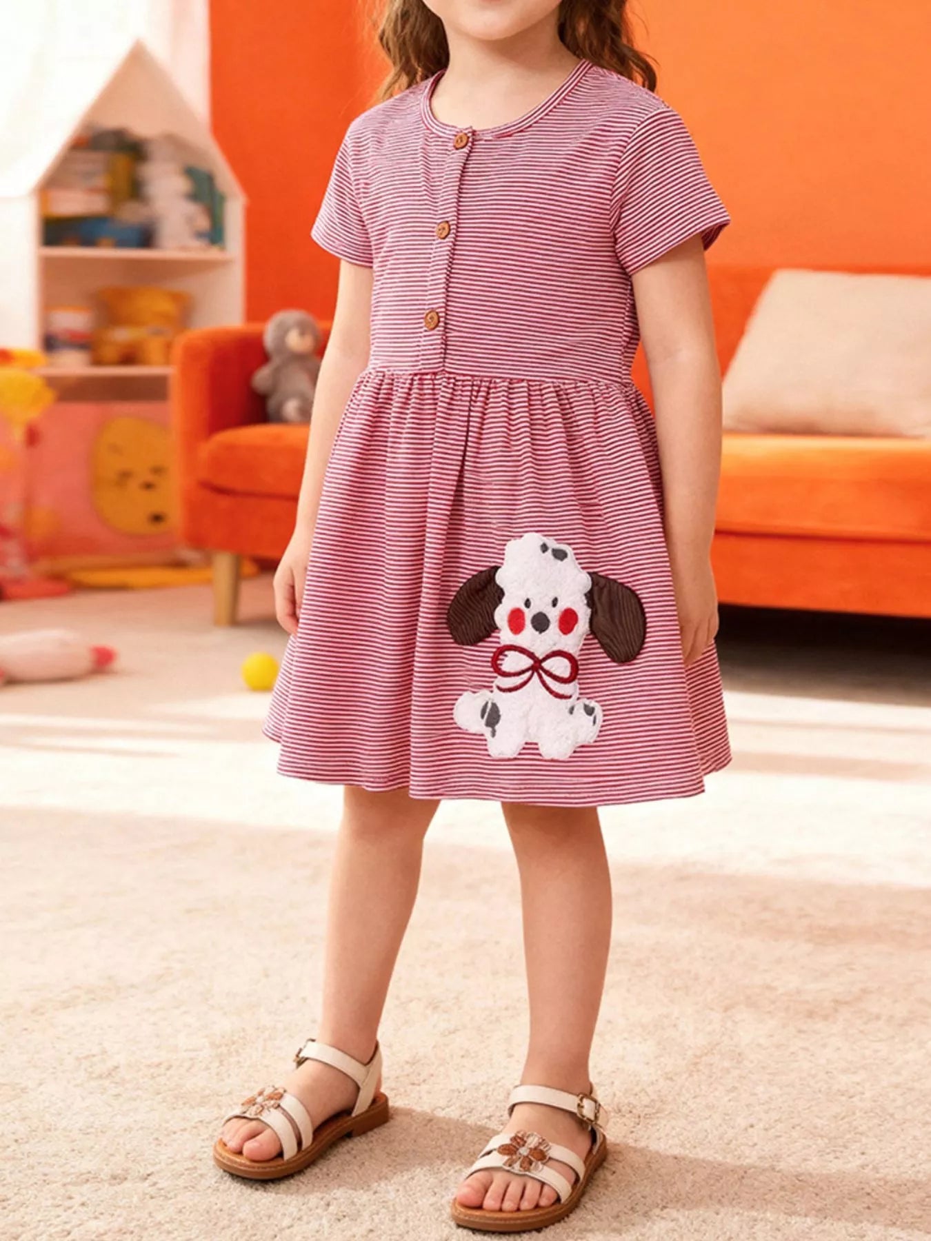 Children's Striped Puppy Short Sleeve Casual Dress