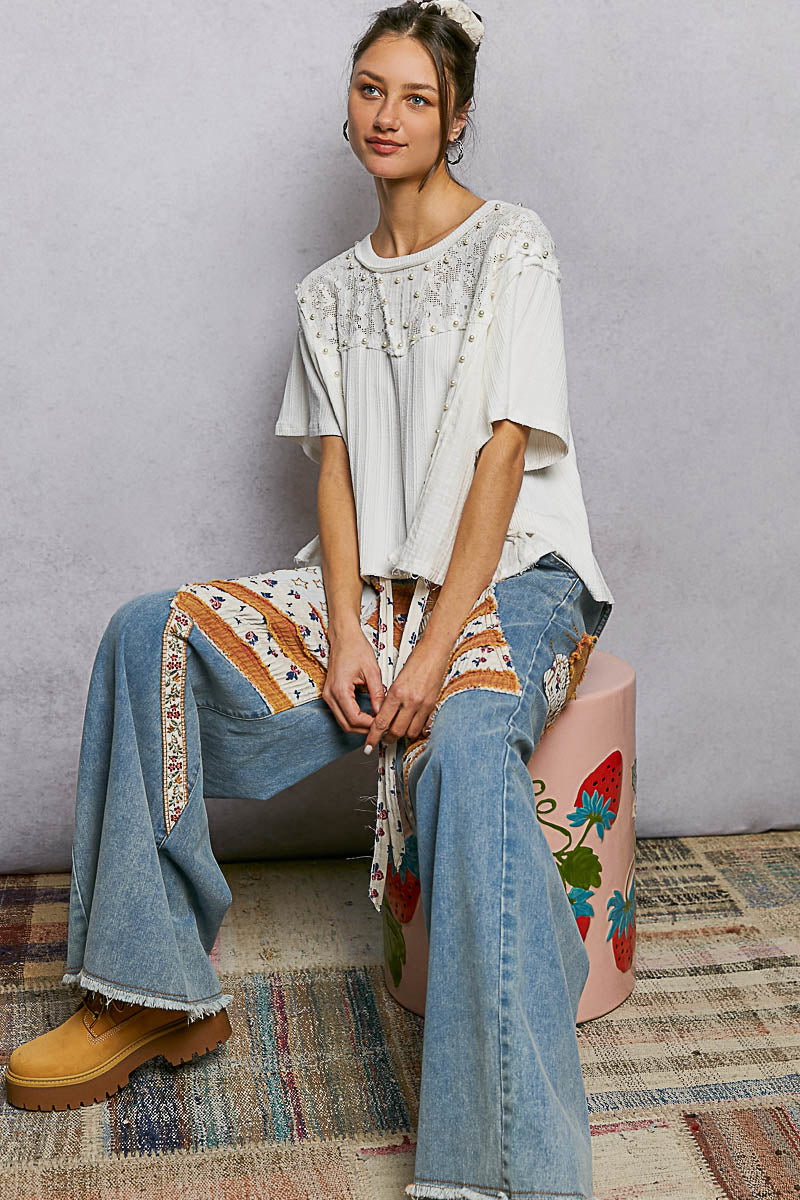POL Lace Pearl Stud Round Neck Short Sleeve Shirt