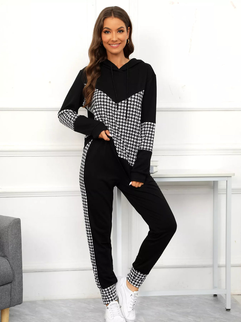 Houndstooth Drawstring Hoodie and Pants Se