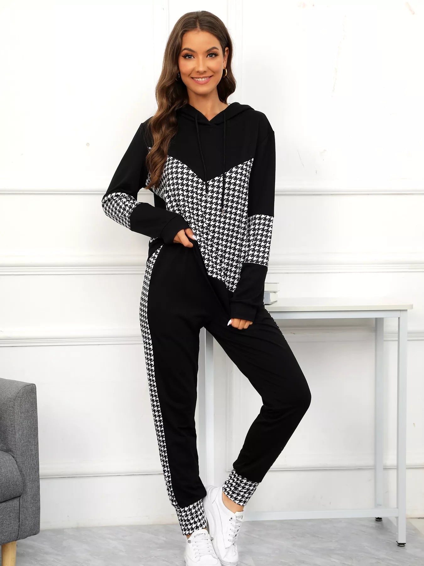 Houndstooth Drawstring Hoodie and Pants Se
