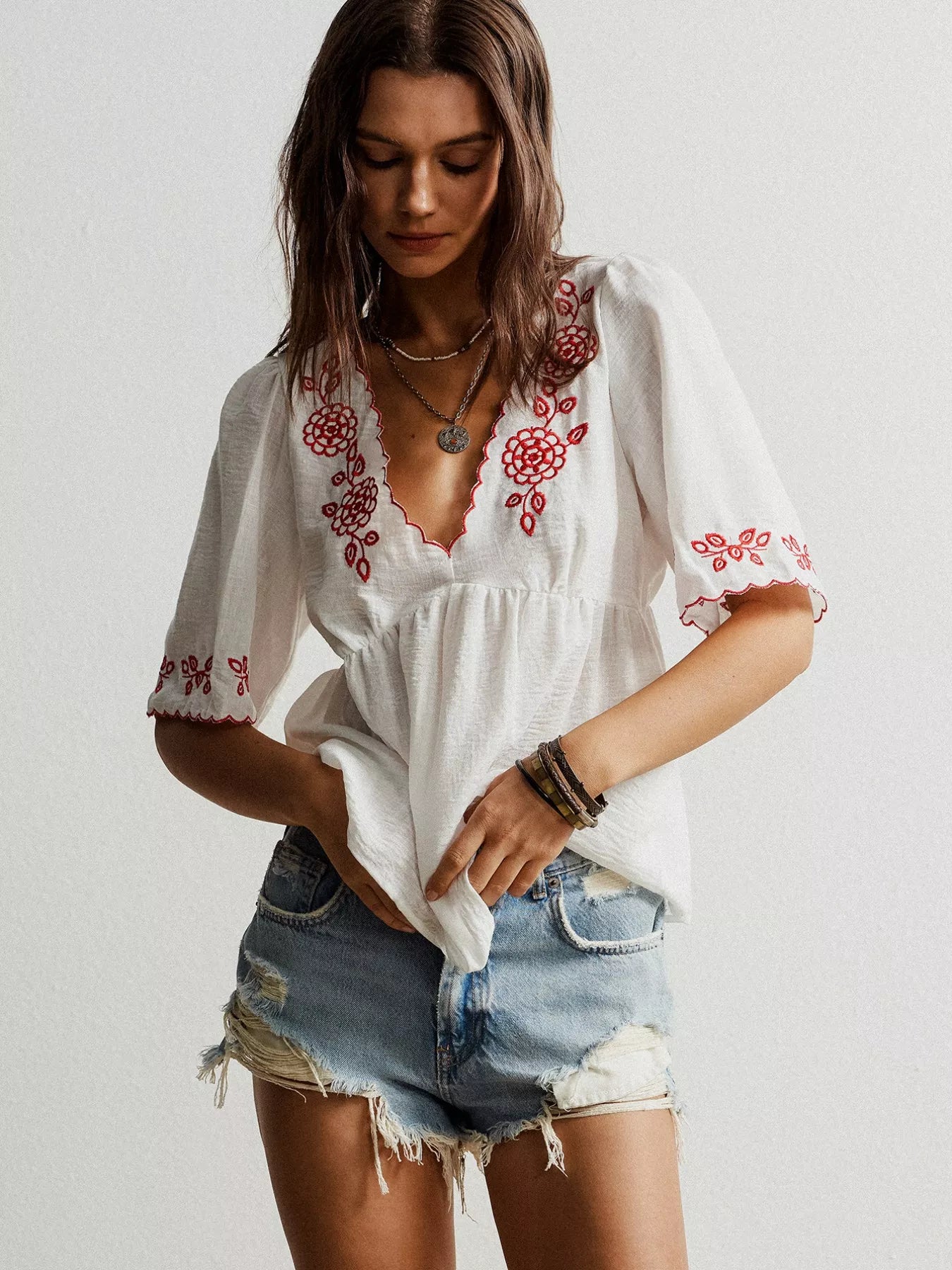 Embroidered Floral V-Neck Blouse