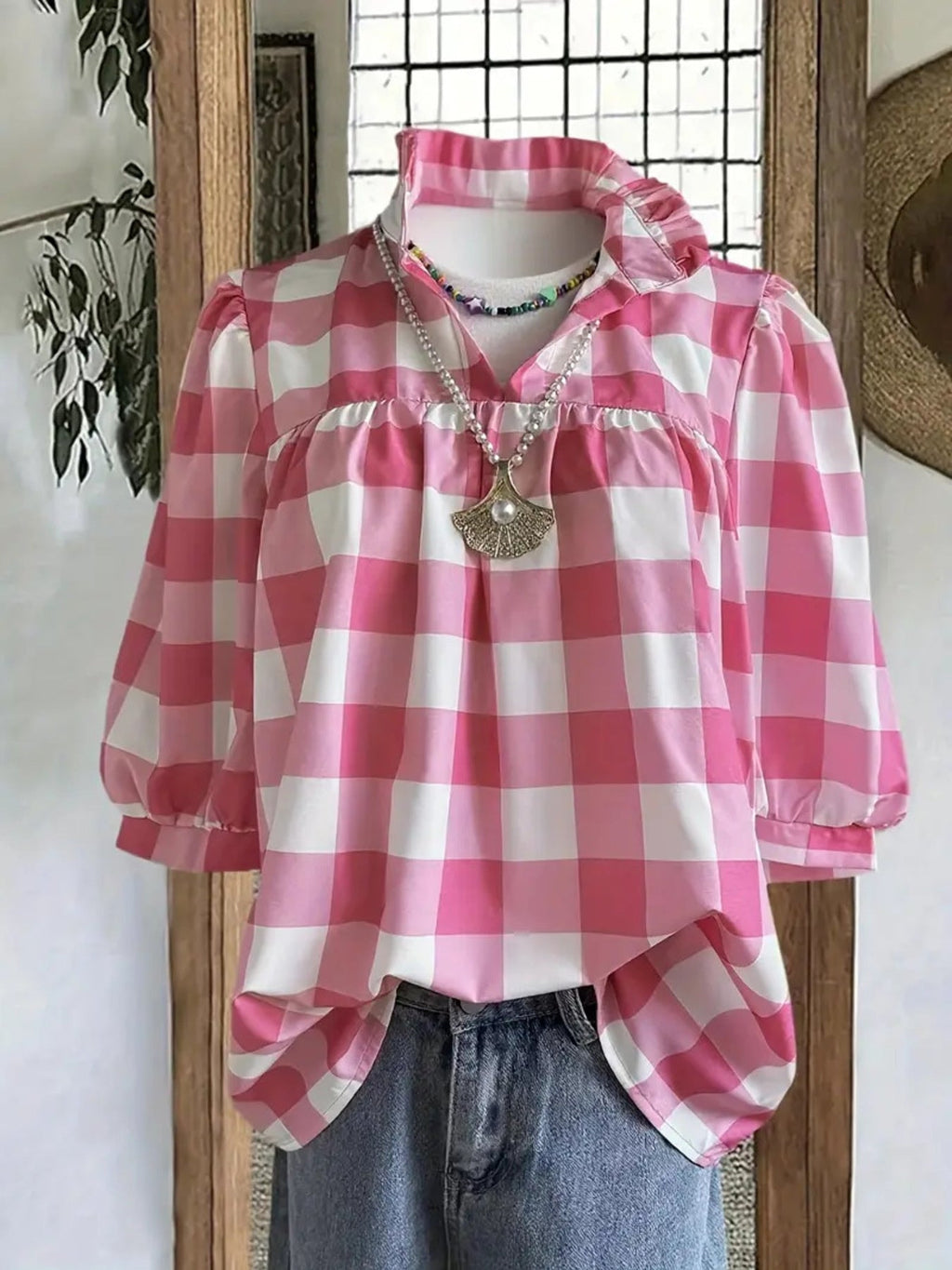 Plaid Ruffle Collar Blouse