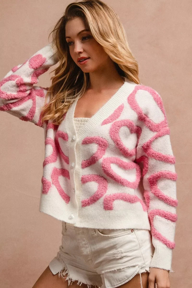 BiBi Textured Heart Buttoned V Neck Cardigan