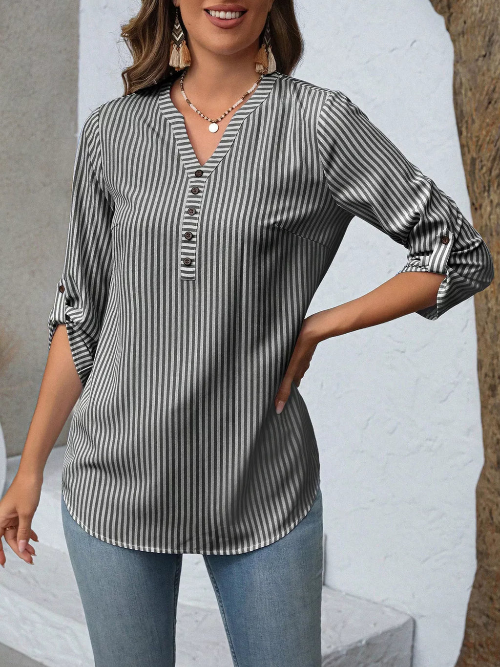 Striped V-Neck Roll-Up Sleeve Blouse