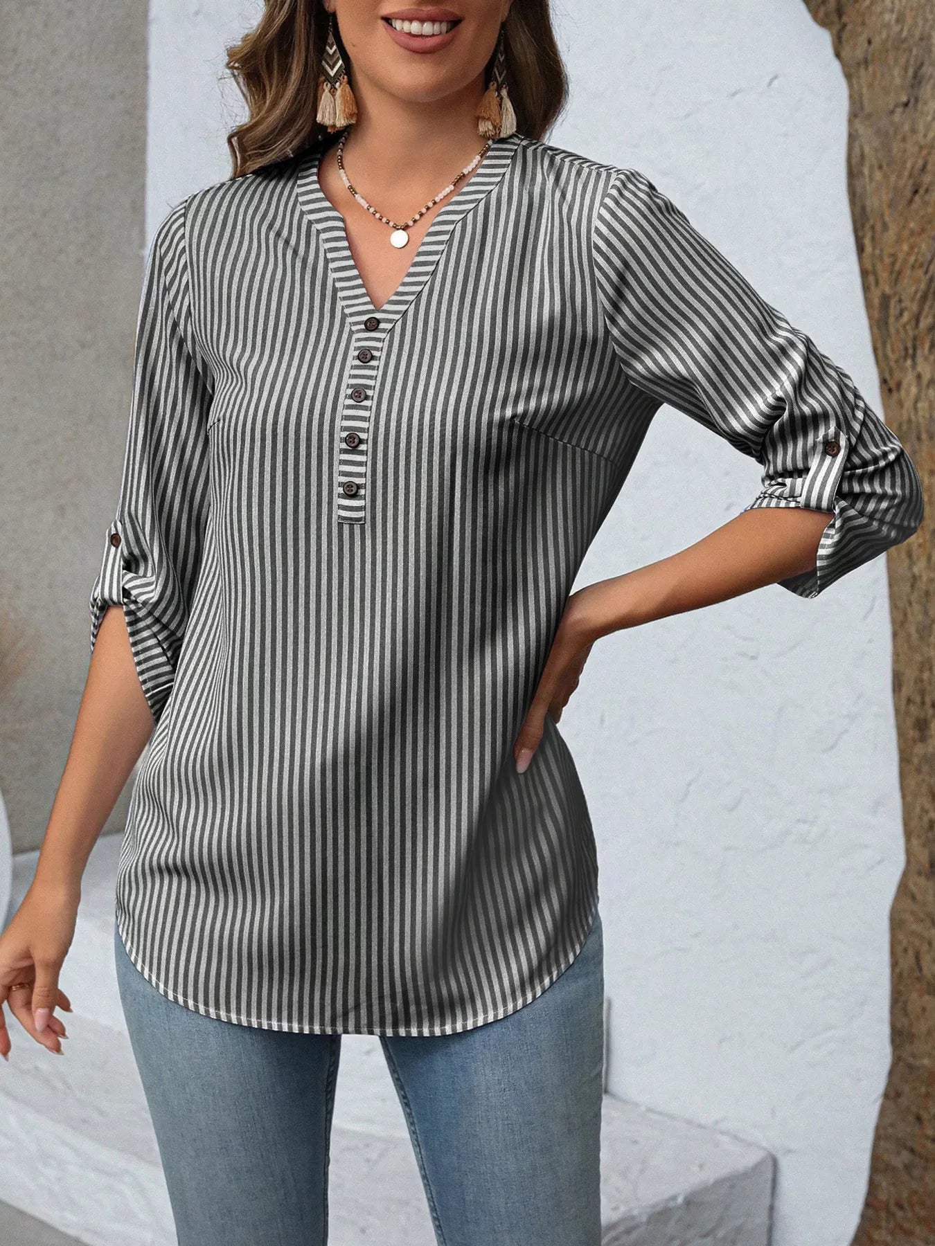 Striped V-Neck Roll-Up Sleeve Blouse