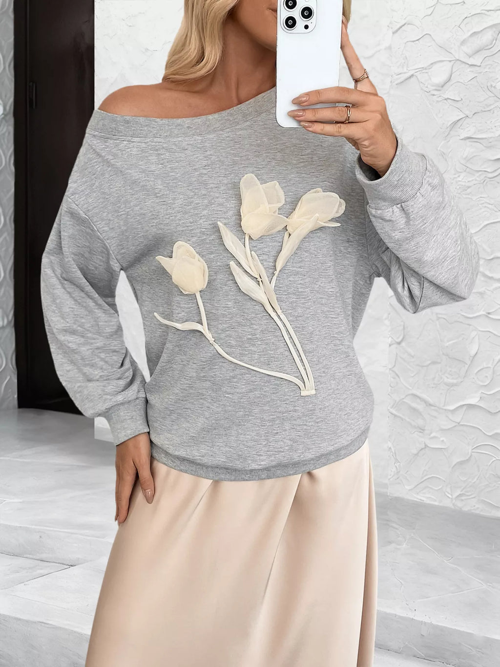 Floral Applique Boat Neck Sweatshirt