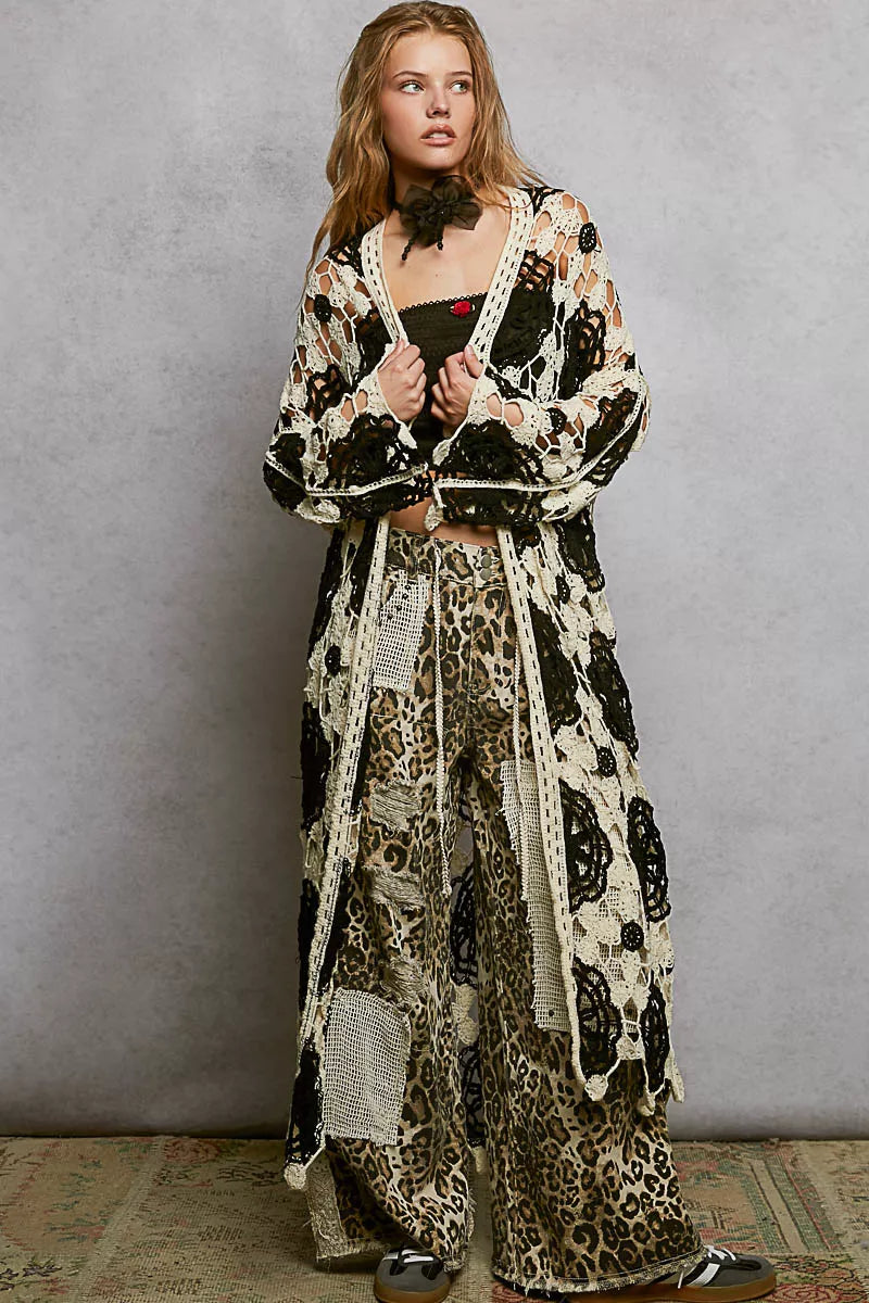 POL Open Front Crochet Longline Cardigan