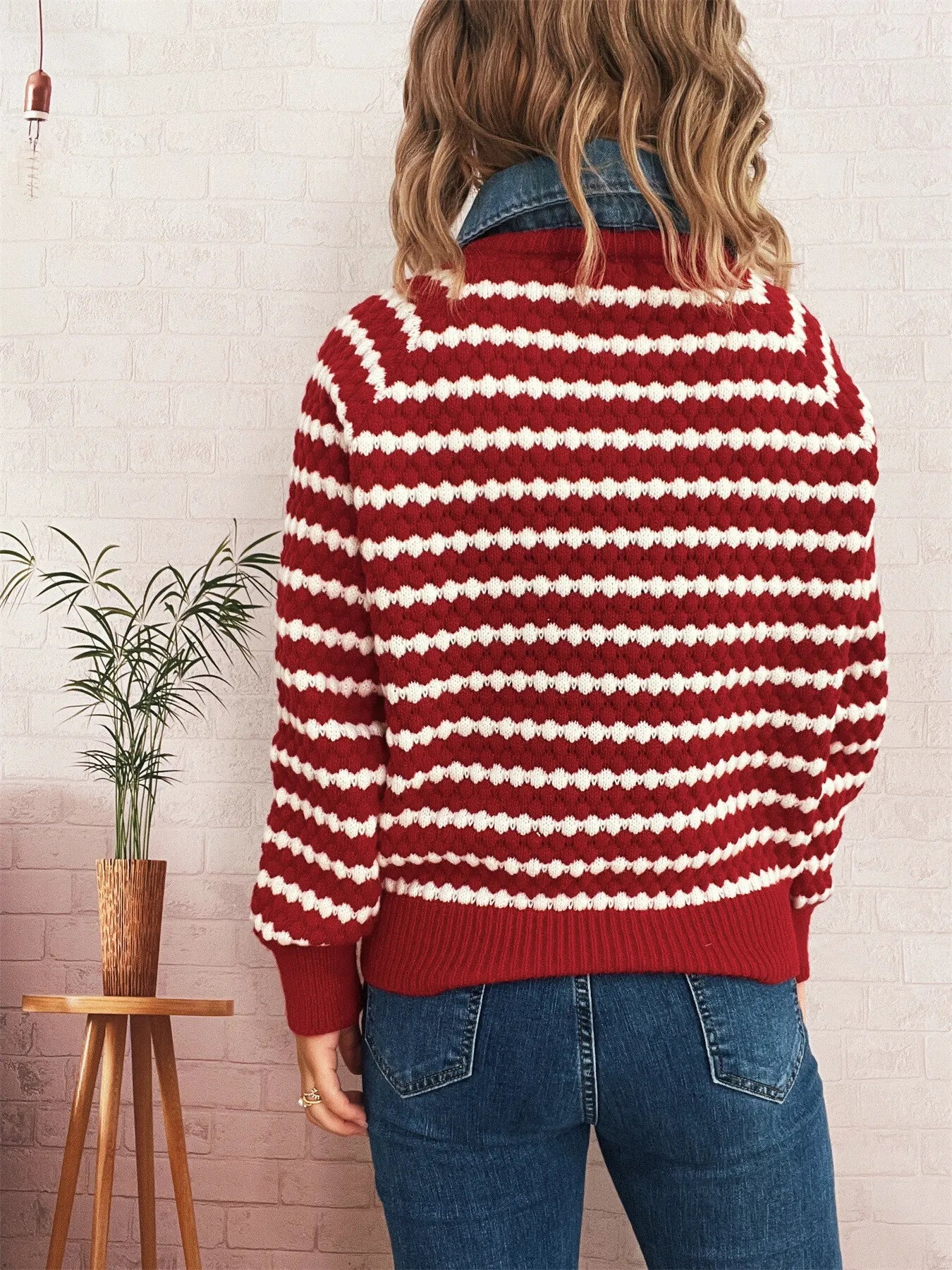 Contrast Striped Sweater with Denim Collar