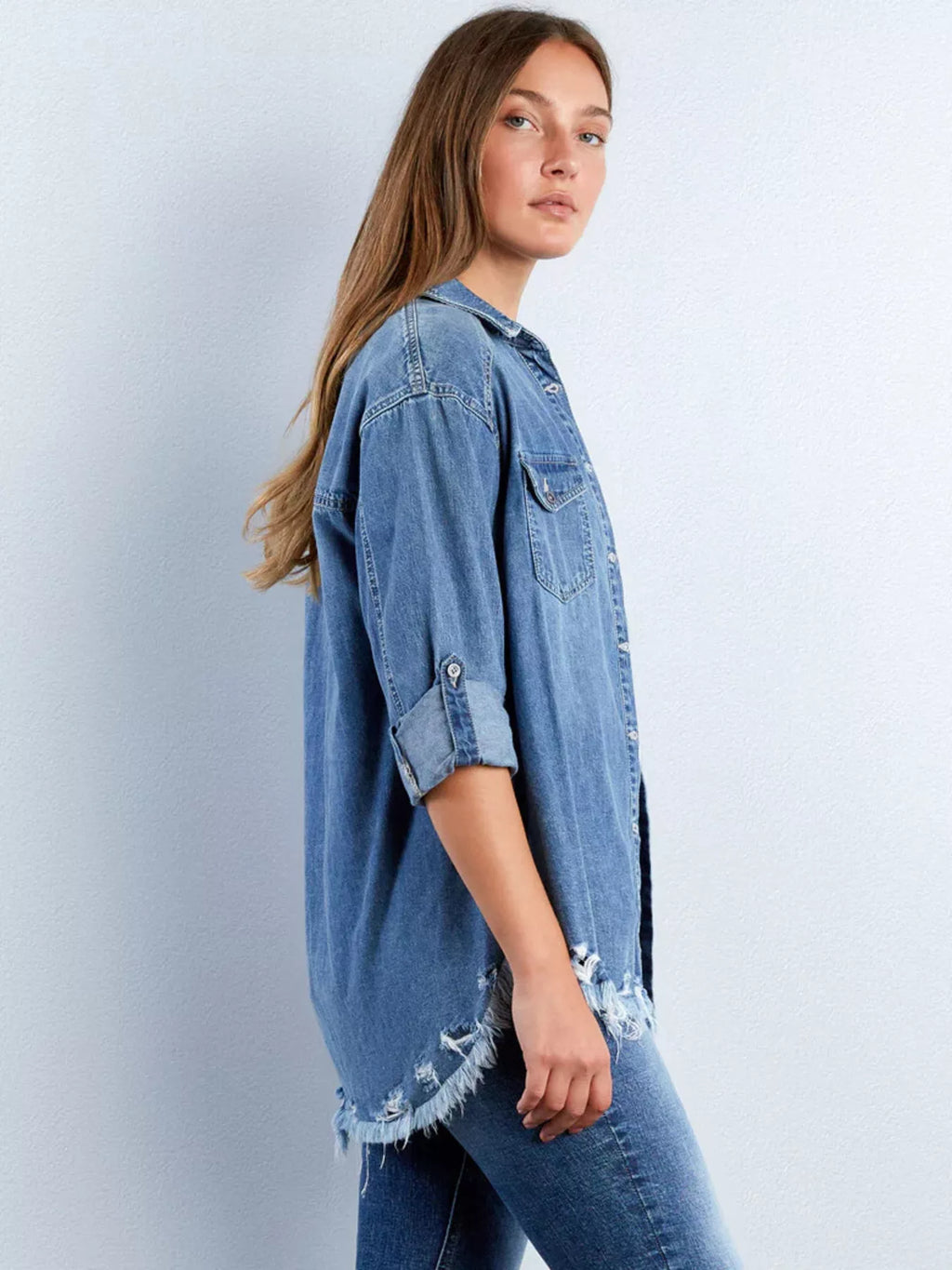 Frayed Hem Roll-Up Sleeve Denim Shirt