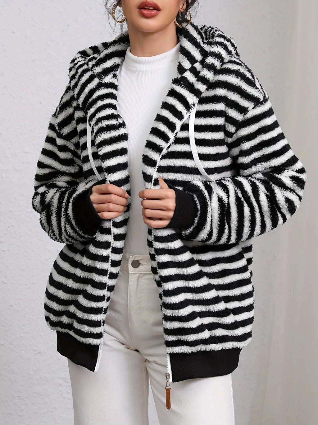 Striped Fuzzy Zip Up Hooded Outerwear