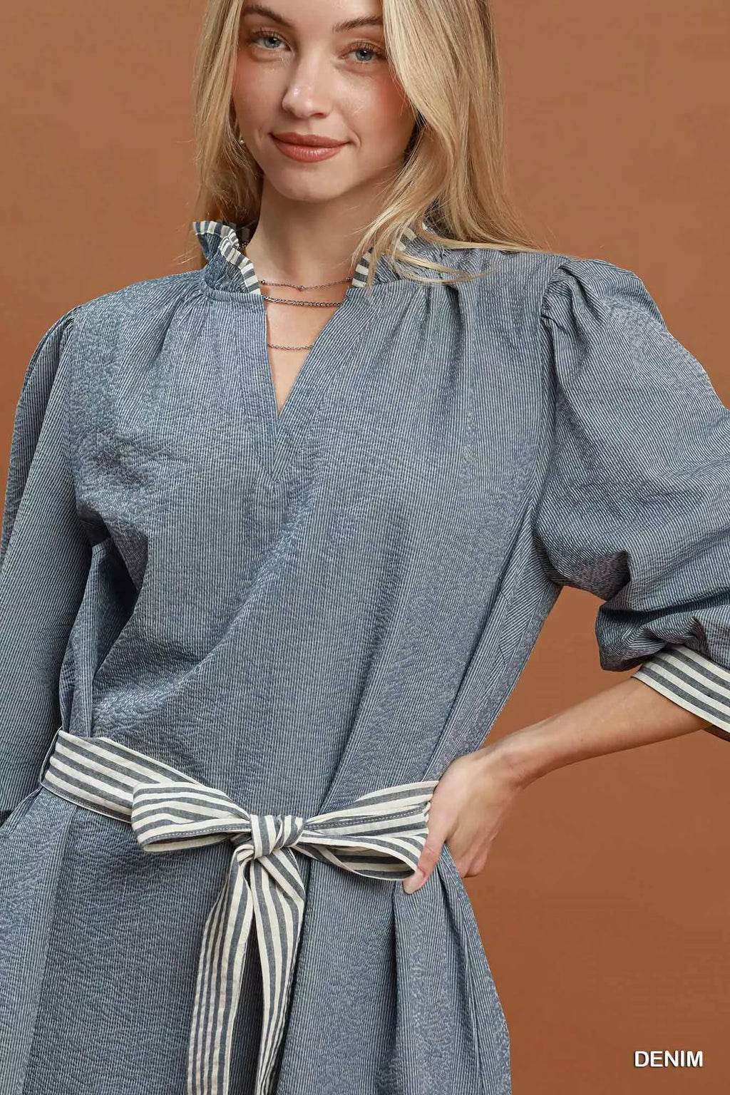 Umgee Textured Contrast Trim Tie Waist Mini Dress