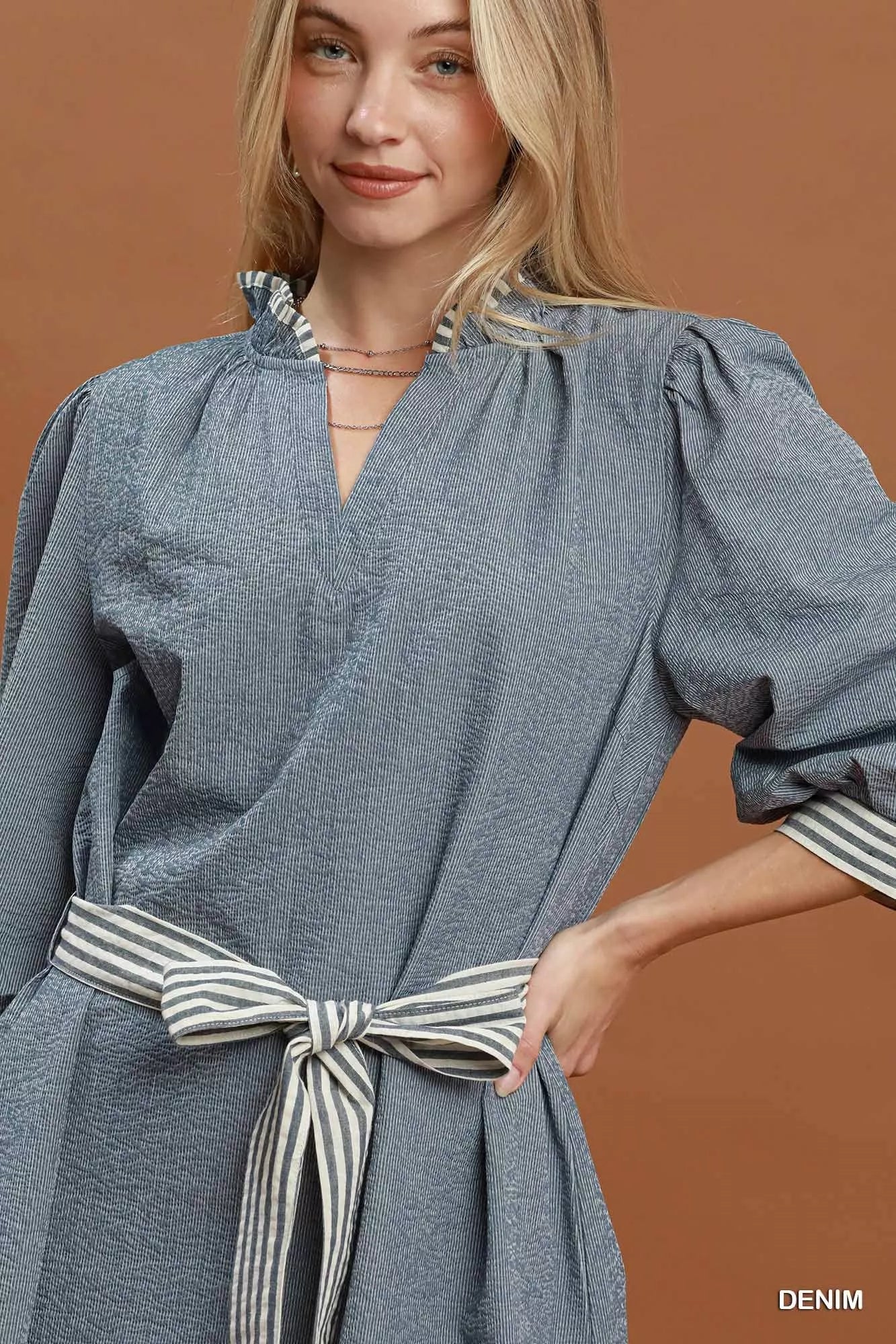 Umgee Textured Contrast Trim Tie Waist Mini Dress