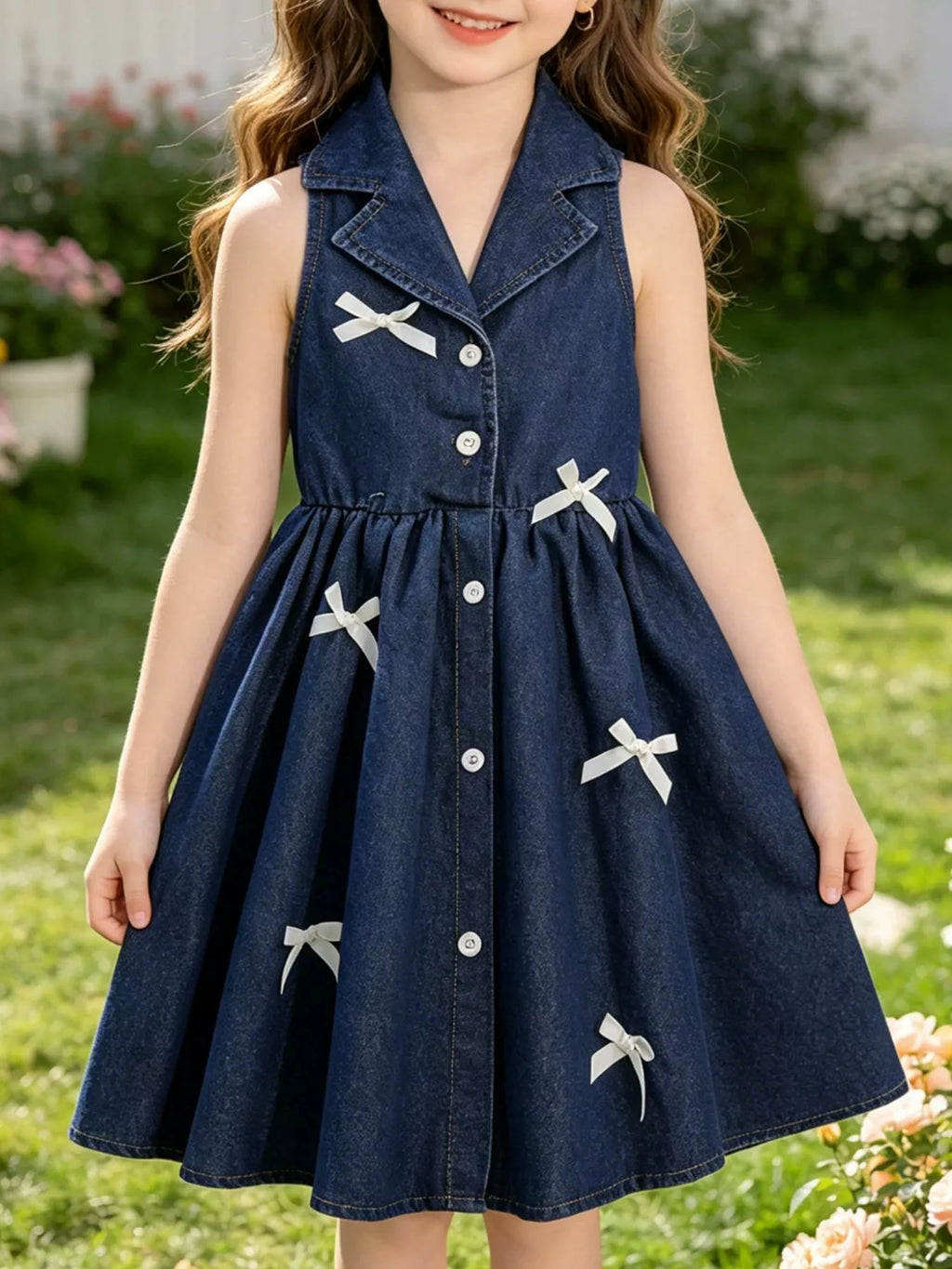 Children's Denim Bowknot Sleeveless Dress