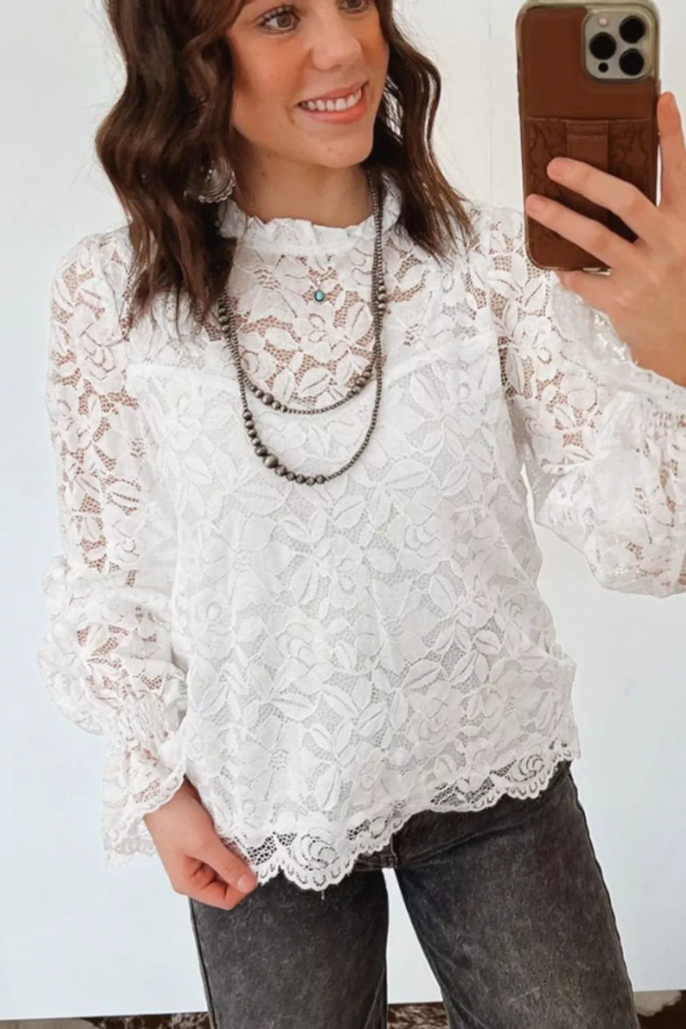 Ruffled Round Neck Long Flounce Sleeve Sheer Lace Blouse