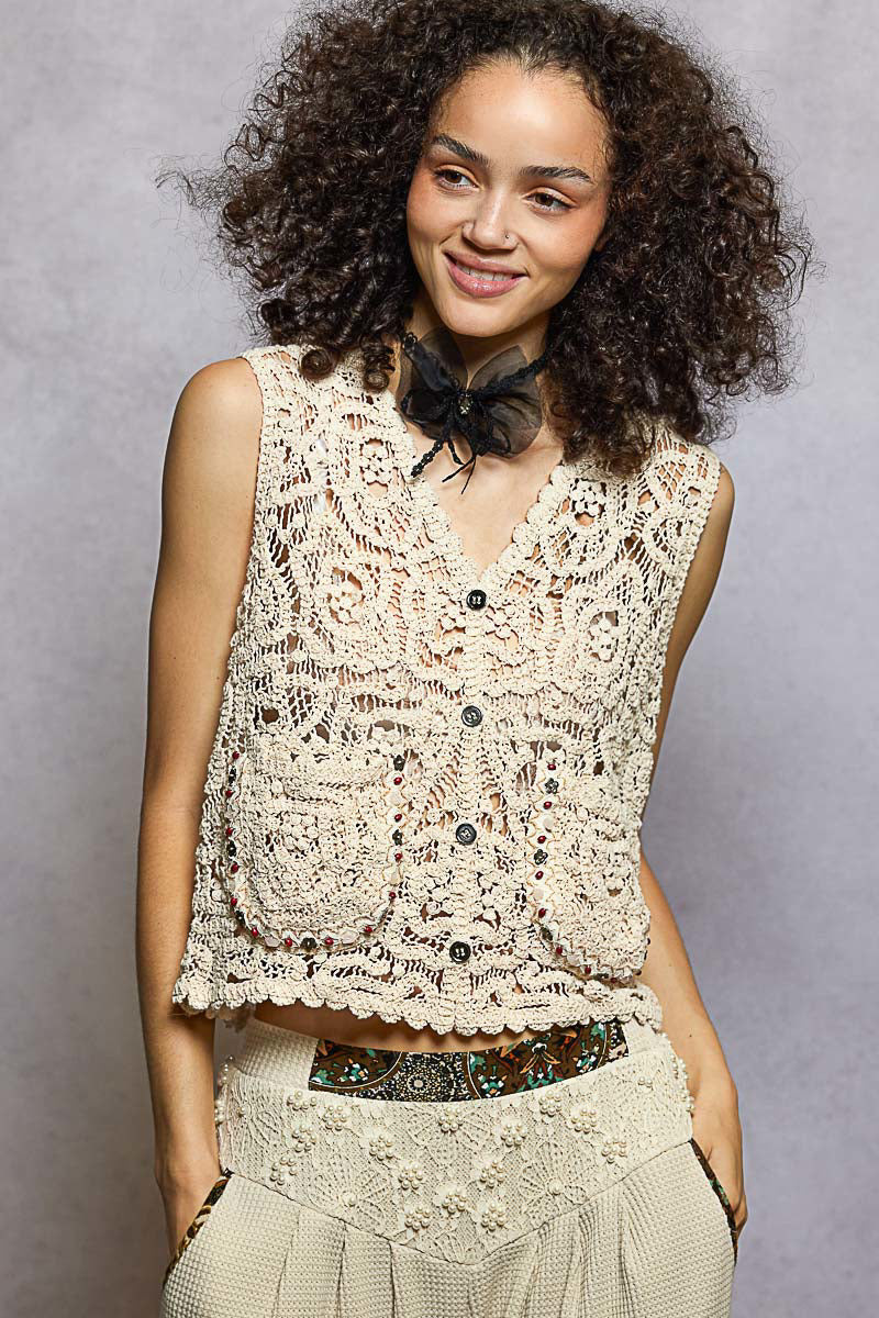POL Button Down Cropped Crochet Vest with Scalloped Edge