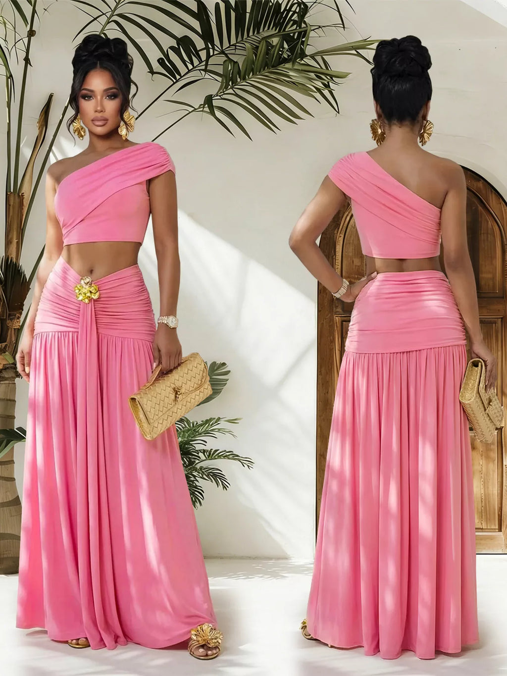 One-Shoulder Top and Ruched Maxi Skirt Set