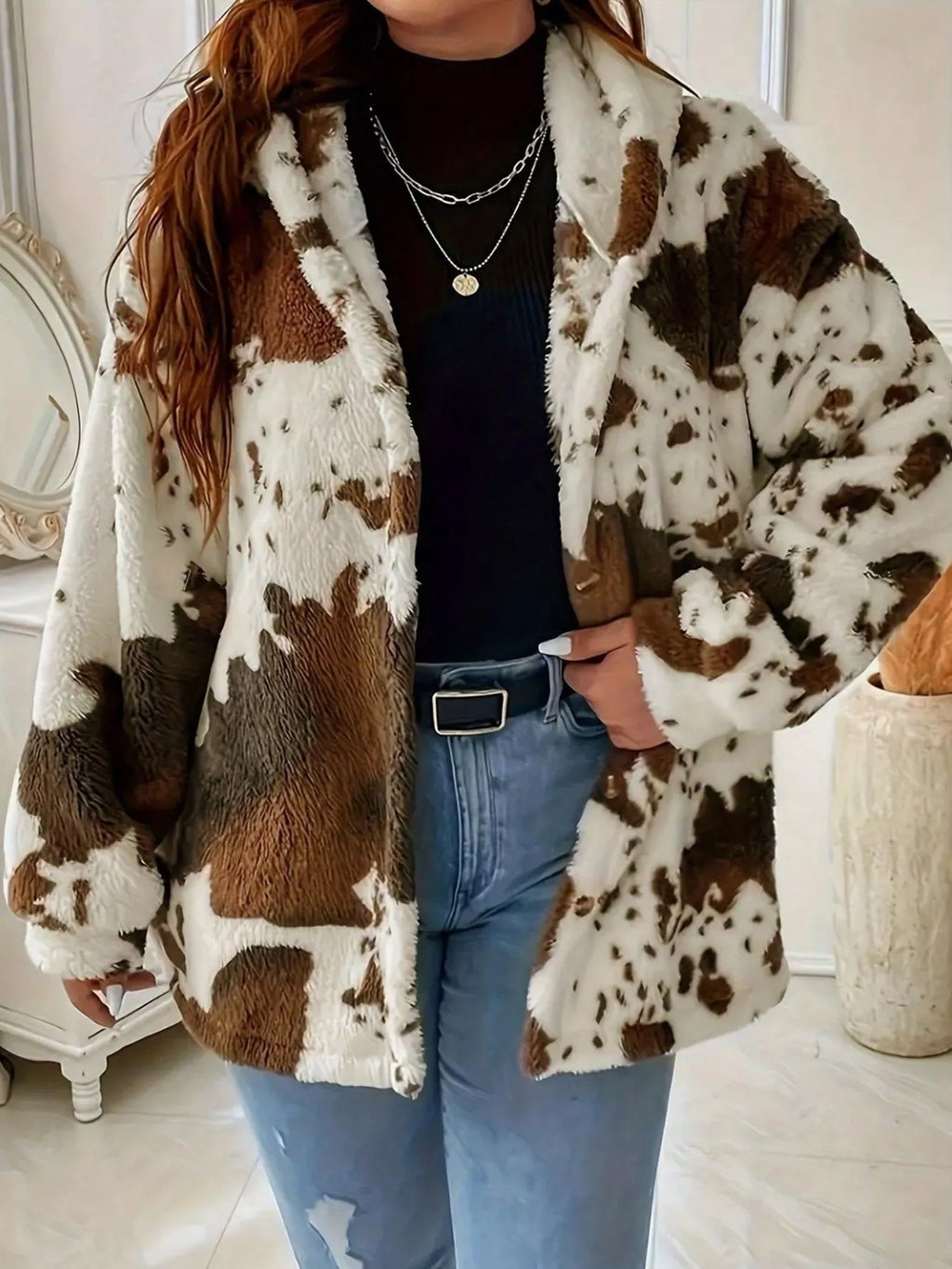 Cow Print Plush Hooded Outerwear