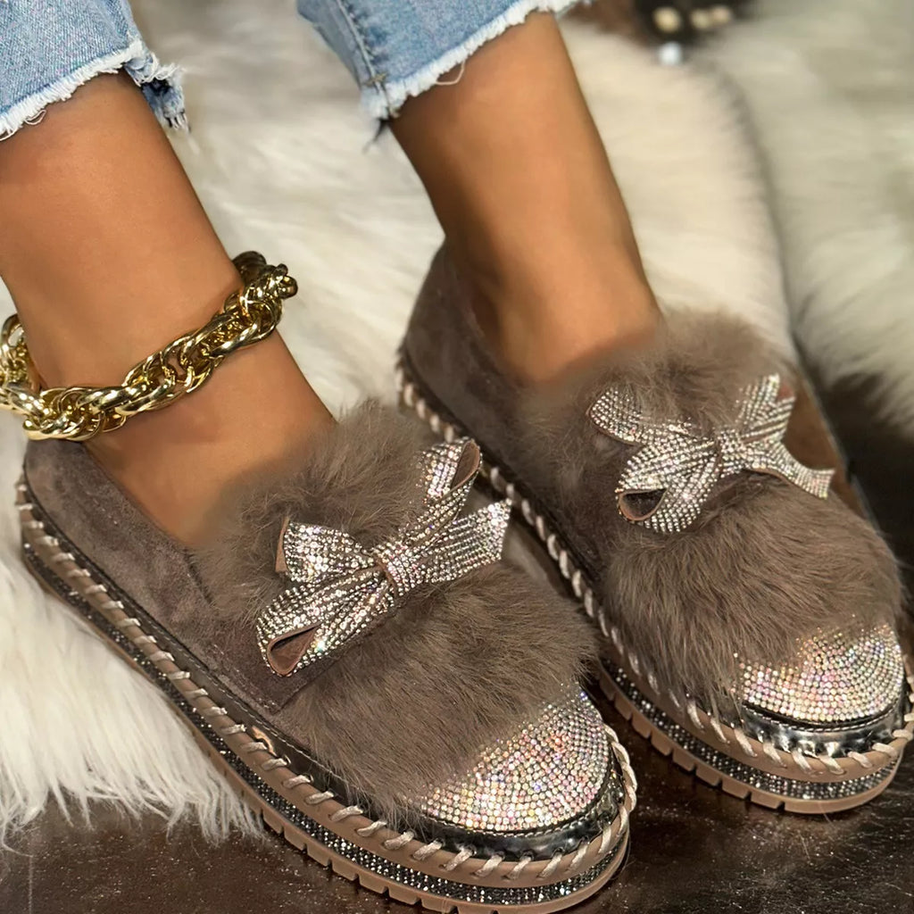 Fuzzy Bowknot Rhinestone Platform Loafers