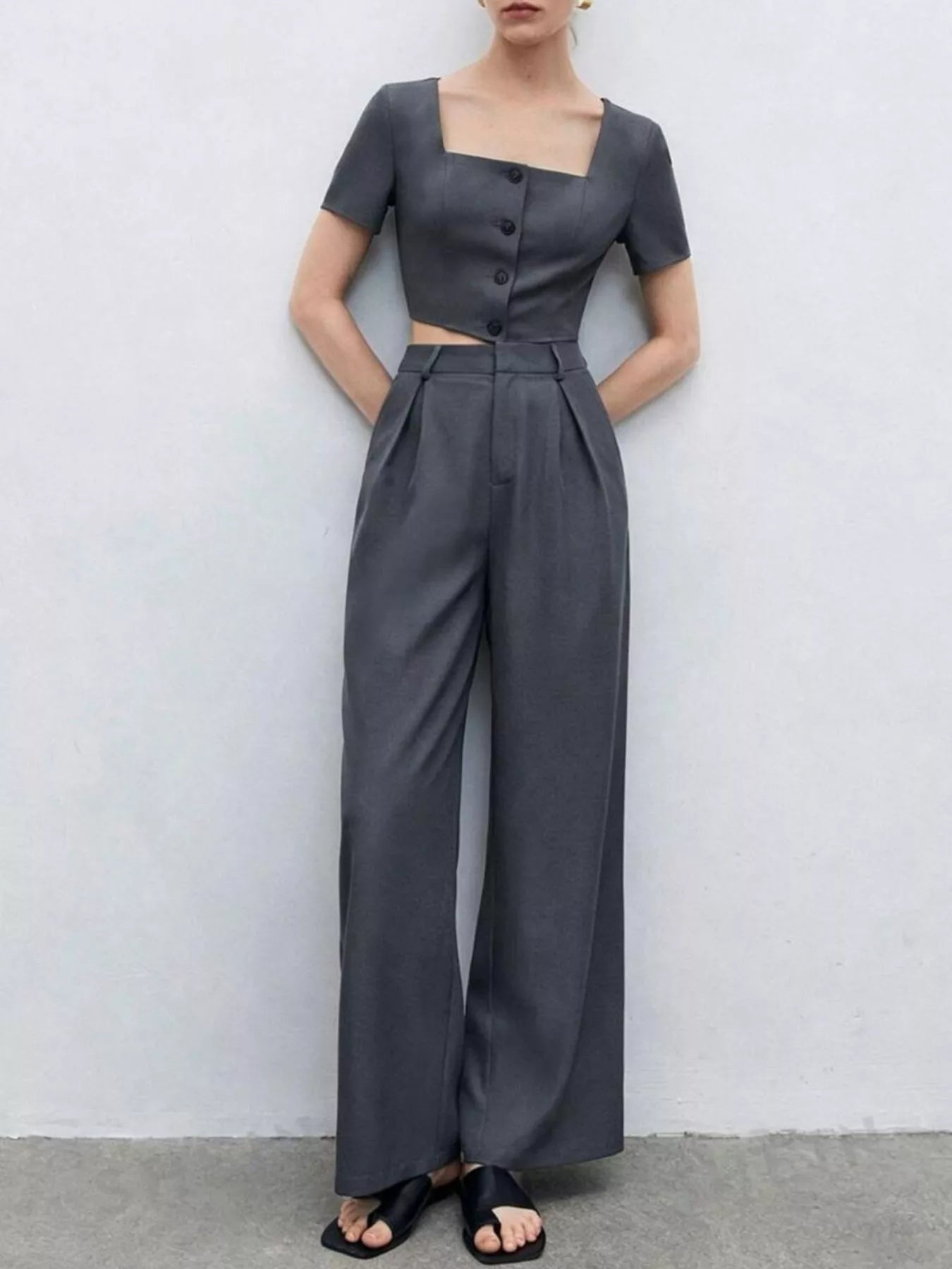 Square Neck Crop Top & Wide Leg Pants Set