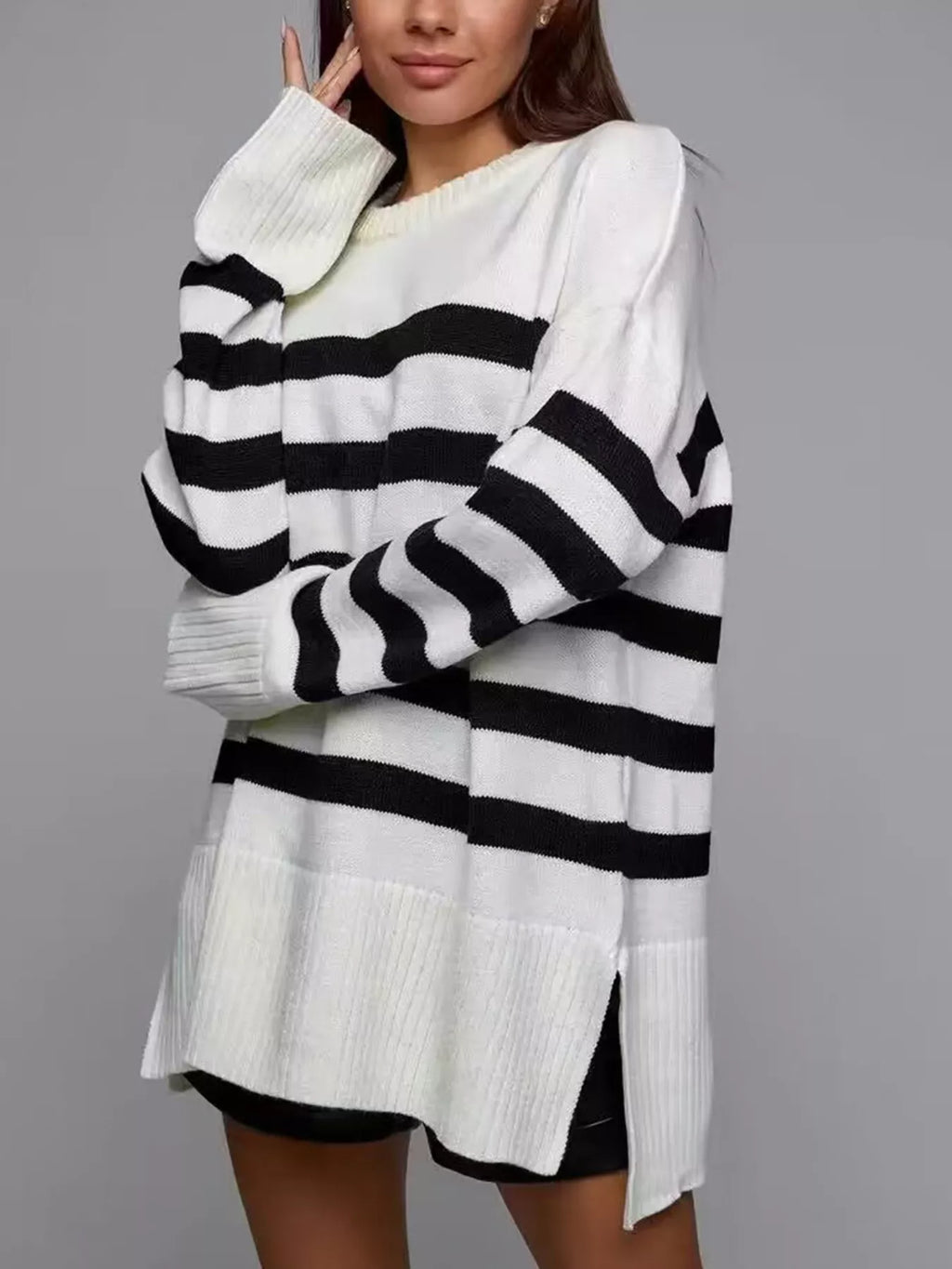 Side Slit Striped Oversized Knit Sweater