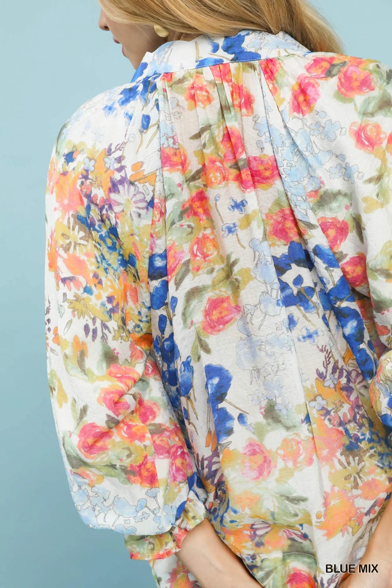 Umgee Watercolor Floral Blouse with Flounce Sleeve